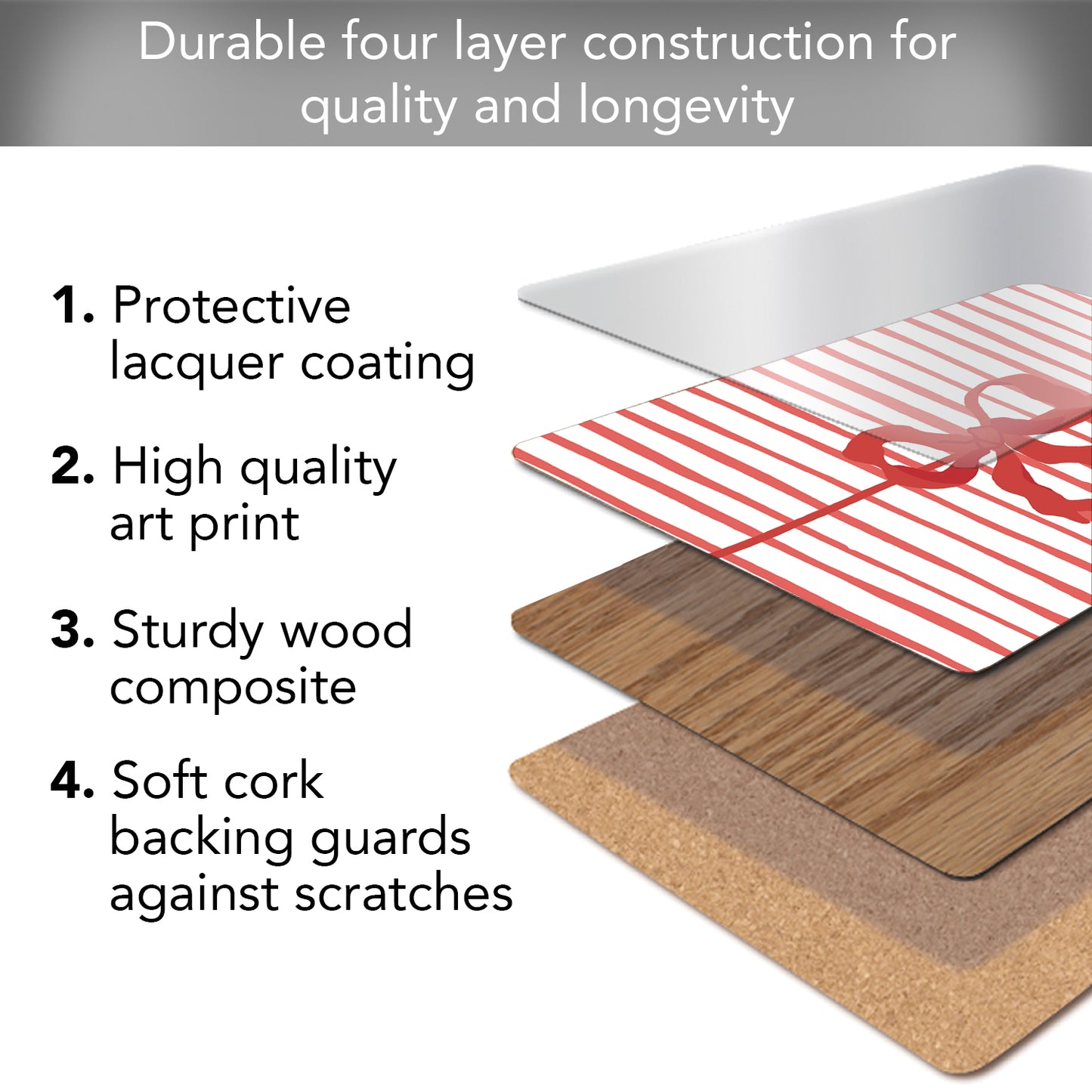 Holiday Bows Design Premium Decorative Hardboard Tabletop Placemats 4 Pack Manufactured in the USA