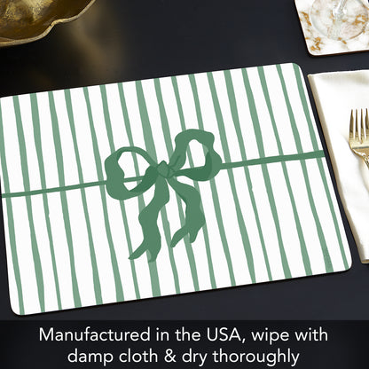 Holiday Bows Design Premium Decorative Hardboard Tabletop Placemats 4 Pack Manufactured in the USA