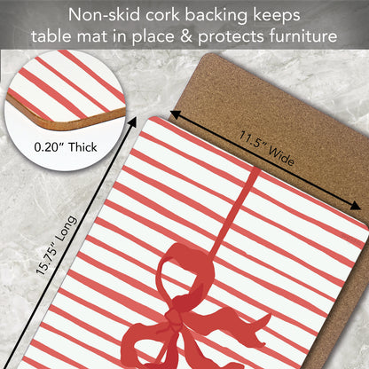 Holiday Bows Design Premium Decorative Hardboard Tabletop Placemats 4 Pack Manufactured in the USA