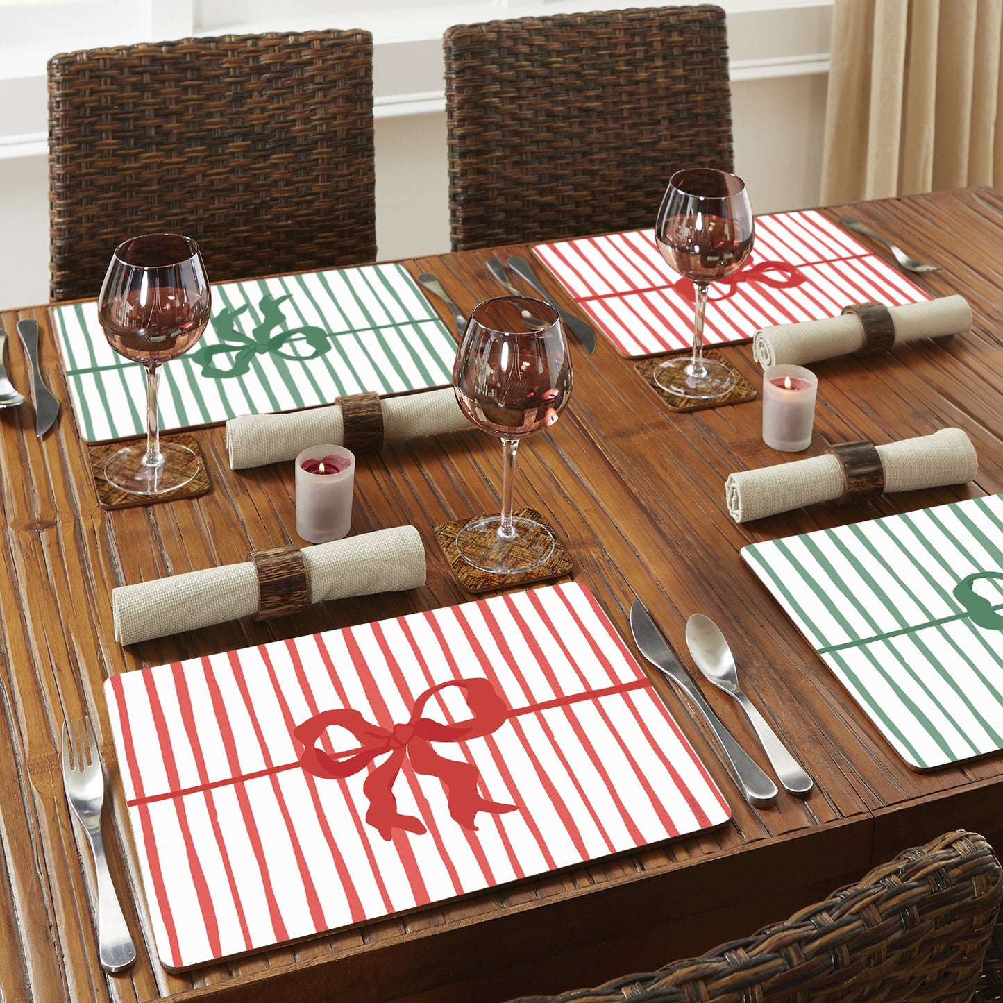 Holiday Bows Design Premium Decorative Hardboard Tabletop Placemats 4 Pack Manufactured in the USA