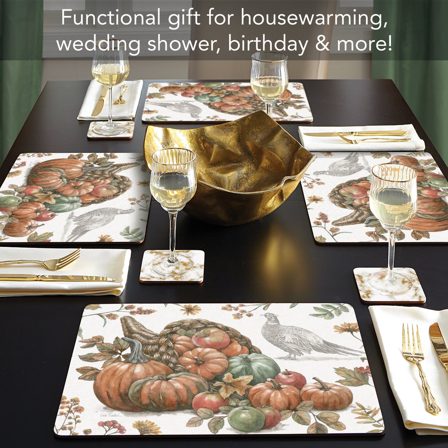 Bountiful Harvest Design Premium Decorative Hardboard Tabletop Placemats 4 Pack Manufactured in the USA