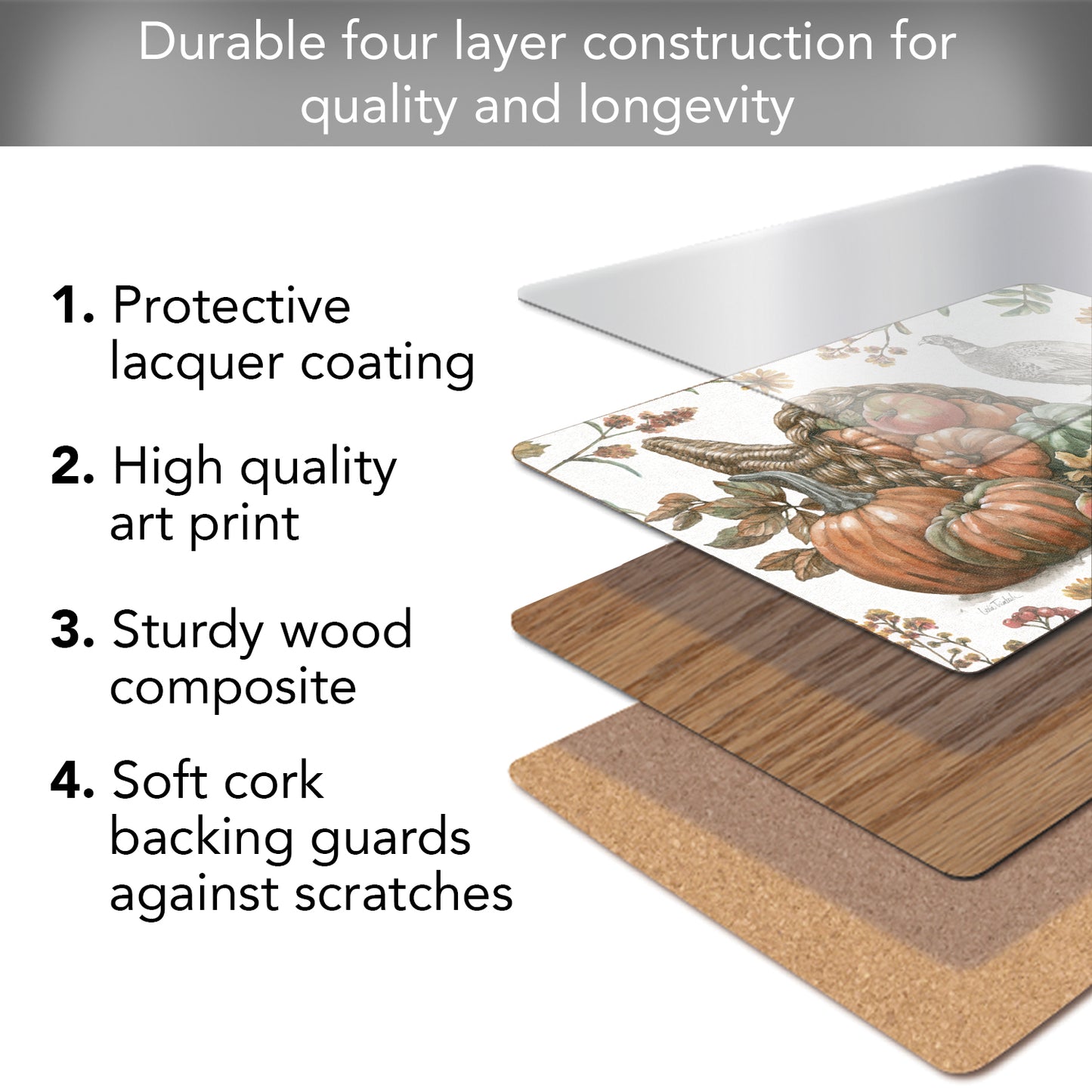 Bountiful Harvest Design Premium Decorative Hardboard Tabletop Placemats 4 Pack Manufactured in the USA