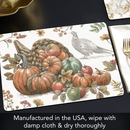 Bountiful Harvest Design Premium Decorative Hardboard Tabletop Placemats 4 Pack Manufactured in the USA