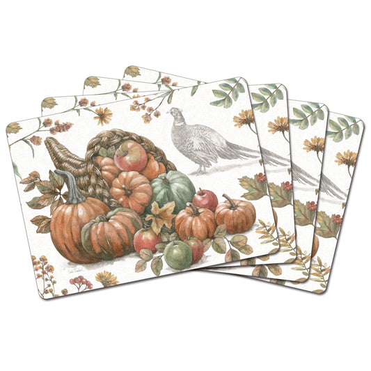 Bountiful Harvest Design Premium Decorative Hardboard Tabletop Placemats 4 Pack Manufactured in the USA