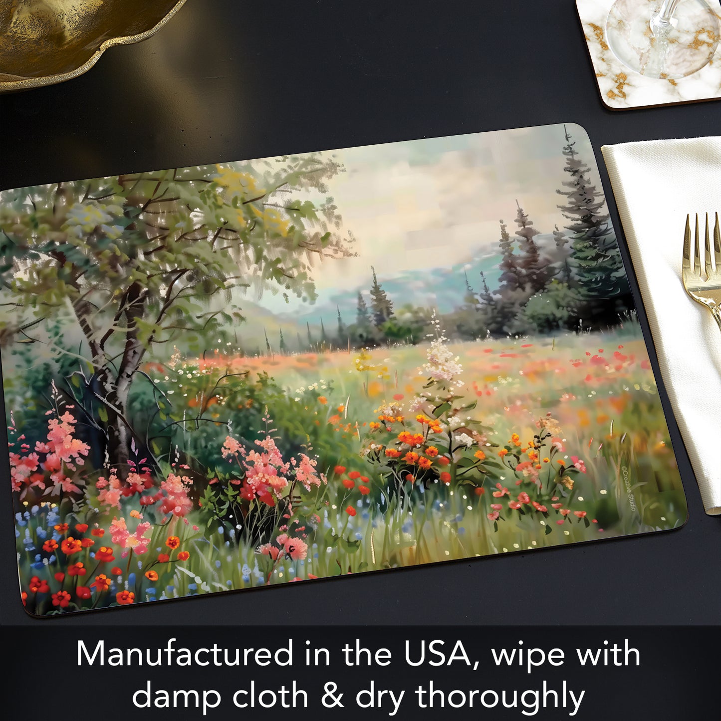 Wildflower Field Premium 4 Pack Boxed Hardboard Tabletop Placemats Manufactured in the USA