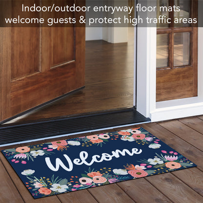 Counterart Floral on Navy Indoor/Outdoor Entryway Floor Mat Manufactured in the USA 29.5" by 17.75"