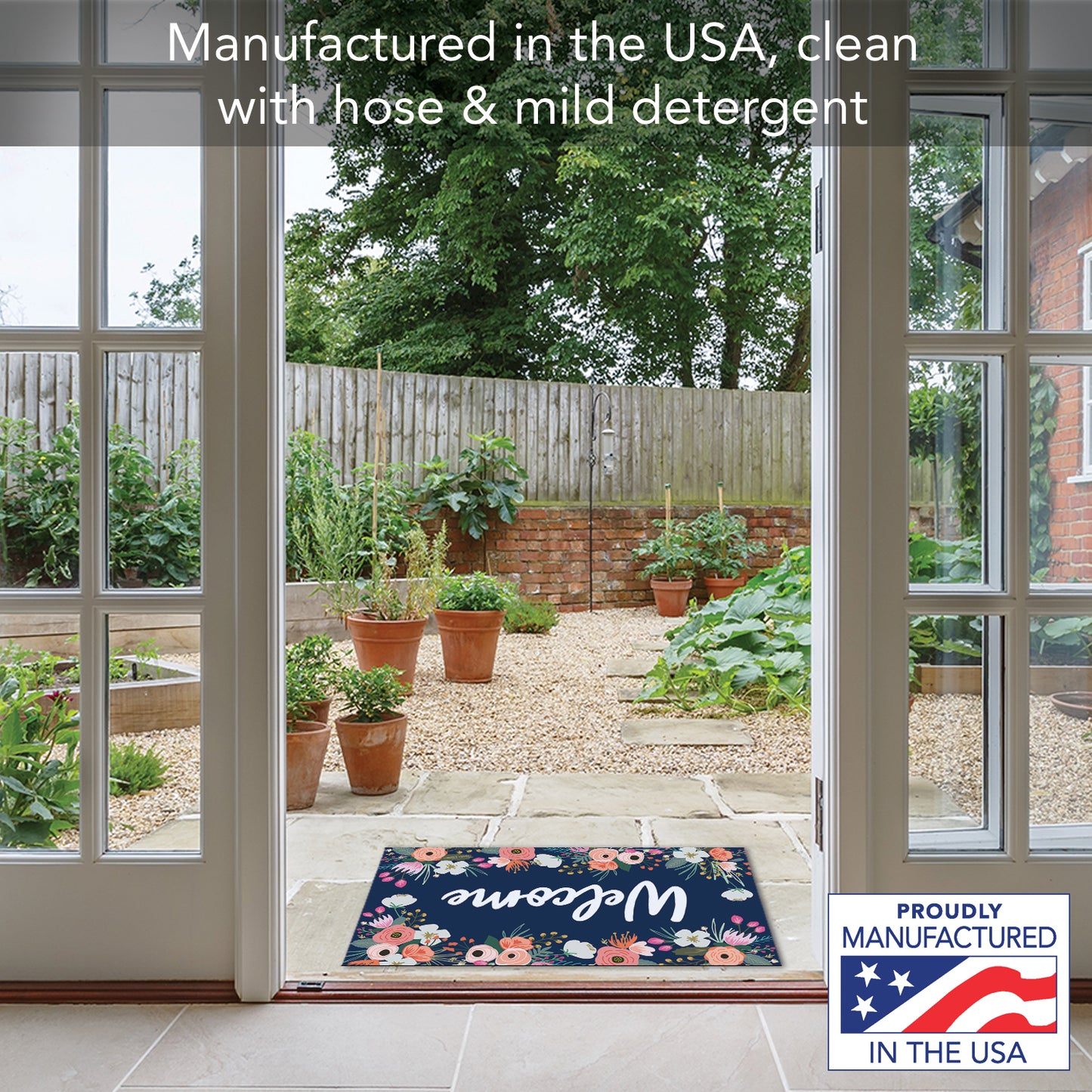 Counterart Floral on Navy Indoor/Outdoor Entryway Floor Mat Manufactured in the USA 29.5" by 17.75"