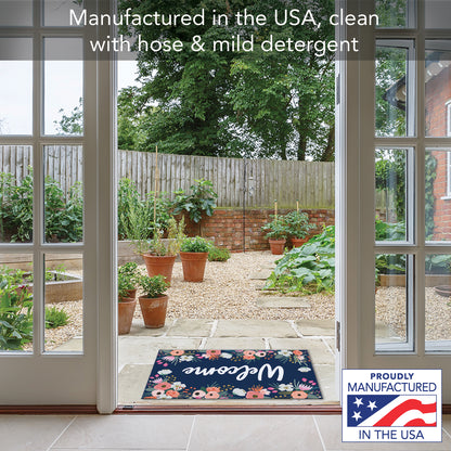 Counterart Floral on Navy Indoor/Outdoor Entryway Floor Mat Manufactured in the USA 29.5" by 17.75"