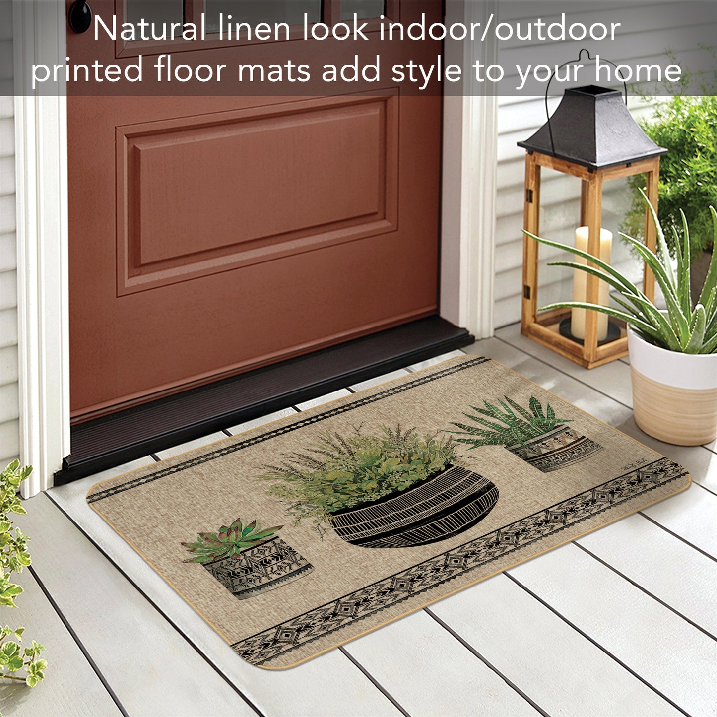 Counterart Mud Cloth Pots Decorative Indoor/Outdoor Natural Linen Look Floor Mat with Recycled Rubber Back Manufactured in The USA 29.5” x 17.75”