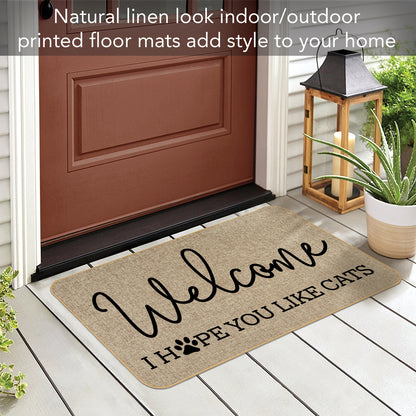 Counterart Welcome Hope You Like Cats Decorative Indoor/Outdoor Natural Linen Look Floor Mat with Recycled Rubber Back Manufactured in The USA 29.5” x 17.75”
