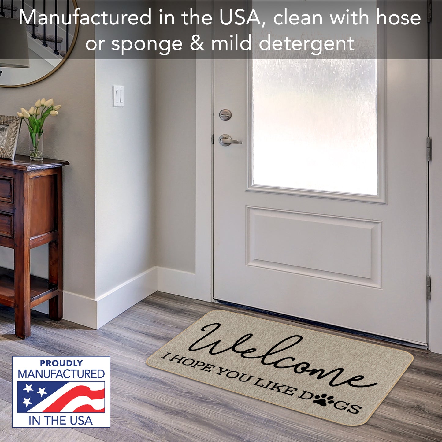 Counterart WelcomeHope You Like Dogs Decorative Indoor/Outdoor Natural Linen Look Floor Mat with Recycled Rubber Back Manufactured in The USA 29.5” x 17.75”