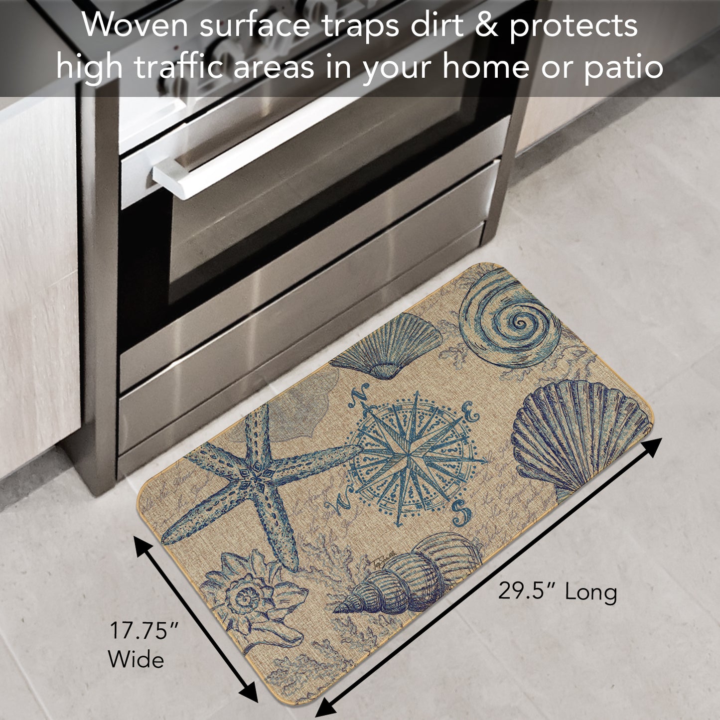 Counterart Coastal Sketch Decorative Indoor/Outdoor Natural Linen Look Floor Mat with Recycled Rubber Back Manufactured in The USA 29.5” x 17.75”