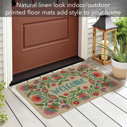 Counterart Floral Welcome Decorative Indoor/Outdoor Natural Linen Look Floor Mat with Recycled Rubber Back Manufactured in The USA 29.5” x 17.75”