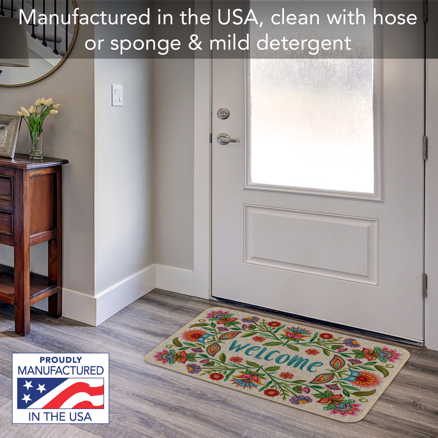 Counterart Floral Welcome Decorative Indoor/Outdoor Natural Linen Look Floor Mat with Recycled Rubber Back Manufactured in The USA 29.5” x 17.75”