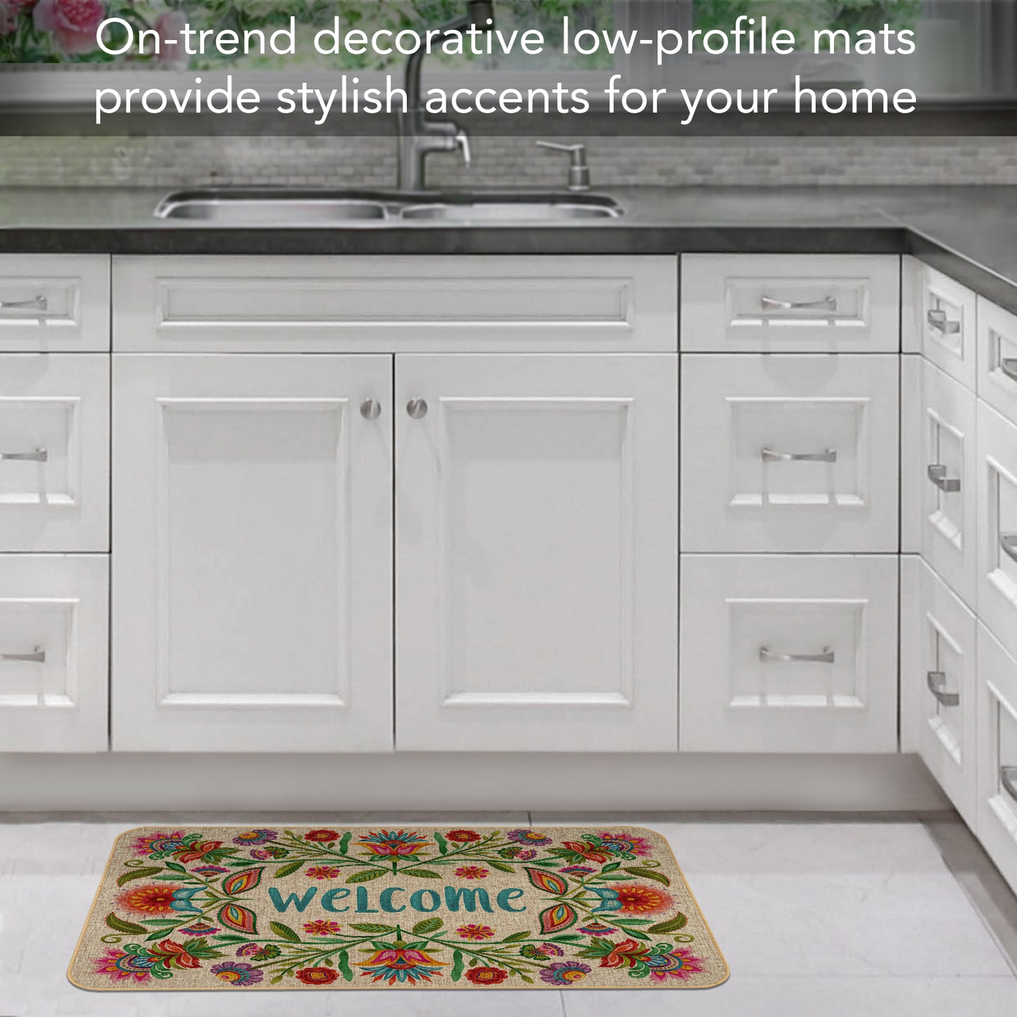 Counterart Floral Welcome Decorative Indoor/Outdoor Natural Linen Look Floor Mat with Recycled Rubber Back Manufactured in The USA 29.5” x 17.75”
