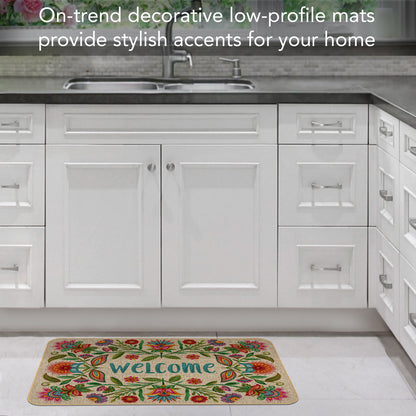 Counterart Floral Welcome Decorative Indoor/Outdoor Natural Linen Look Floor Mat with Recycled Rubber Back Manufactured in The USA 29.5” x 17.75”