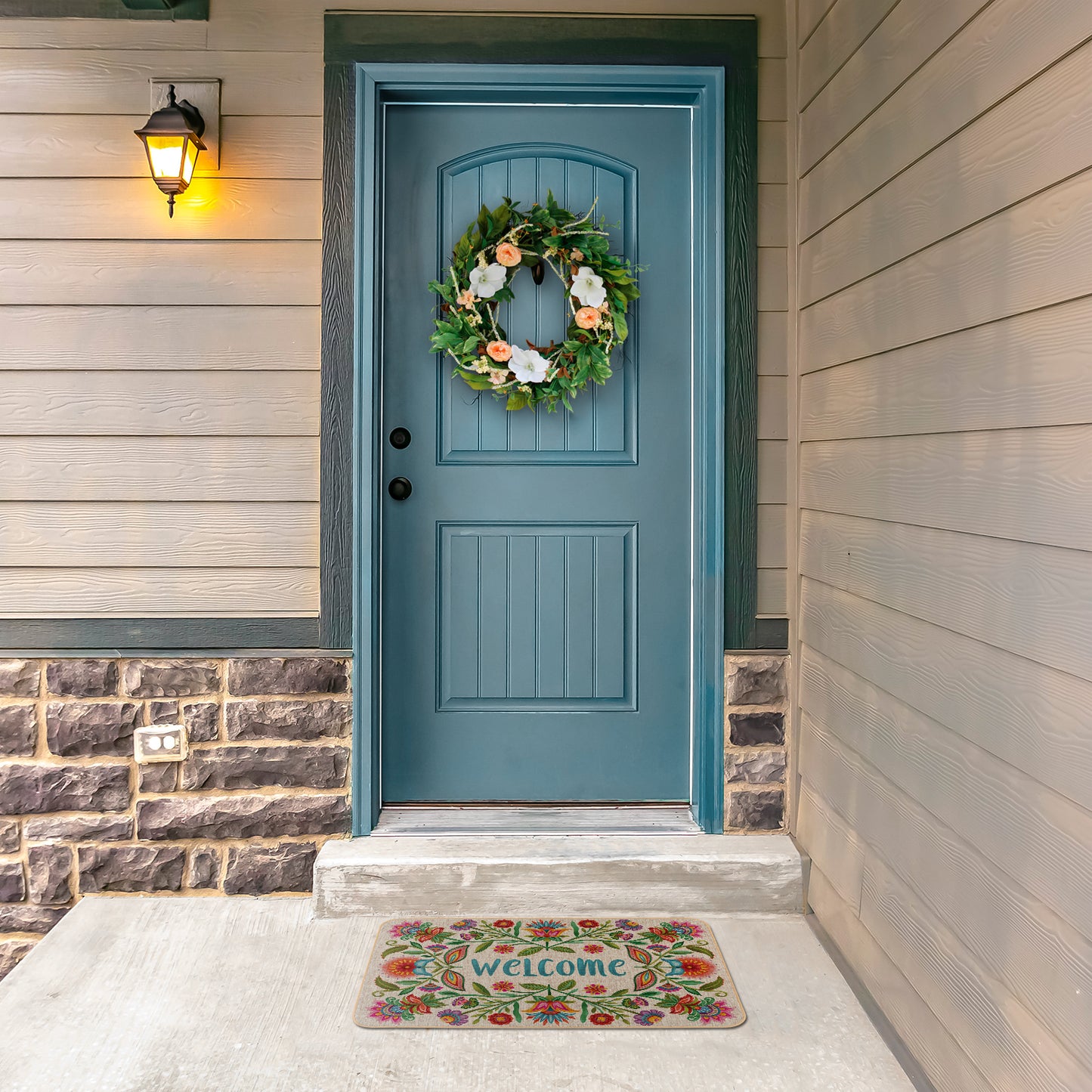 Counterart Floral Welcome Decorative Indoor/Outdoor Natural Linen Look Floor Mat with Recycled Rubber Back Manufactured in The USA 29.5” x 17.75”