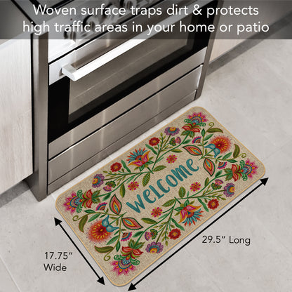 Counterart Floral Welcome Decorative Indoor/Outdoor Natural Linen Look Floor Mat with Recycled Rubber Back Manufactured in The USA 29.5” x 17.75”