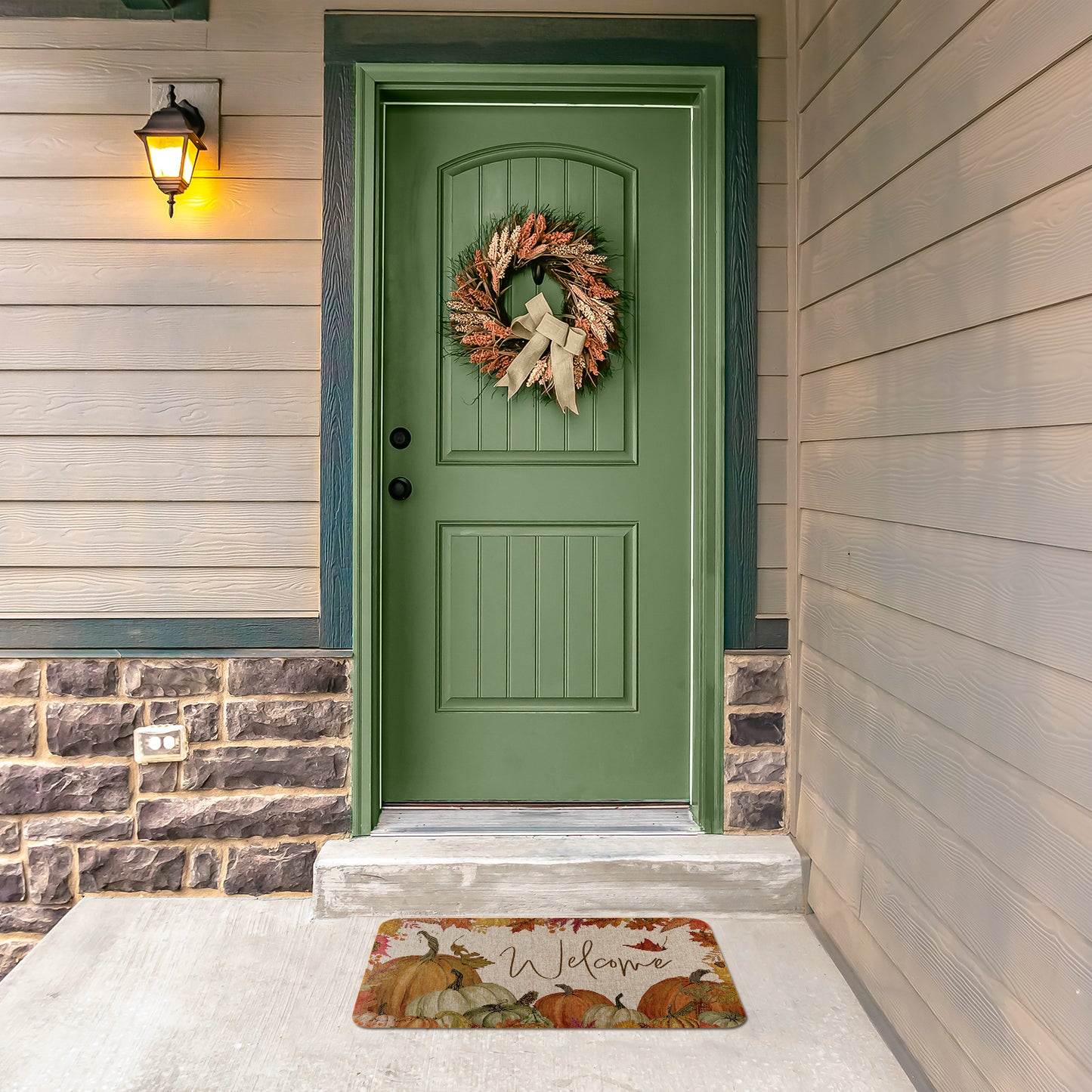 Counterart Fall Pumpkin Welcome Indoor/Outdoor Natural Linen Look Floor Mat with Recycled Rubber Back Manufactured in The USA 29.5” x 17.75”