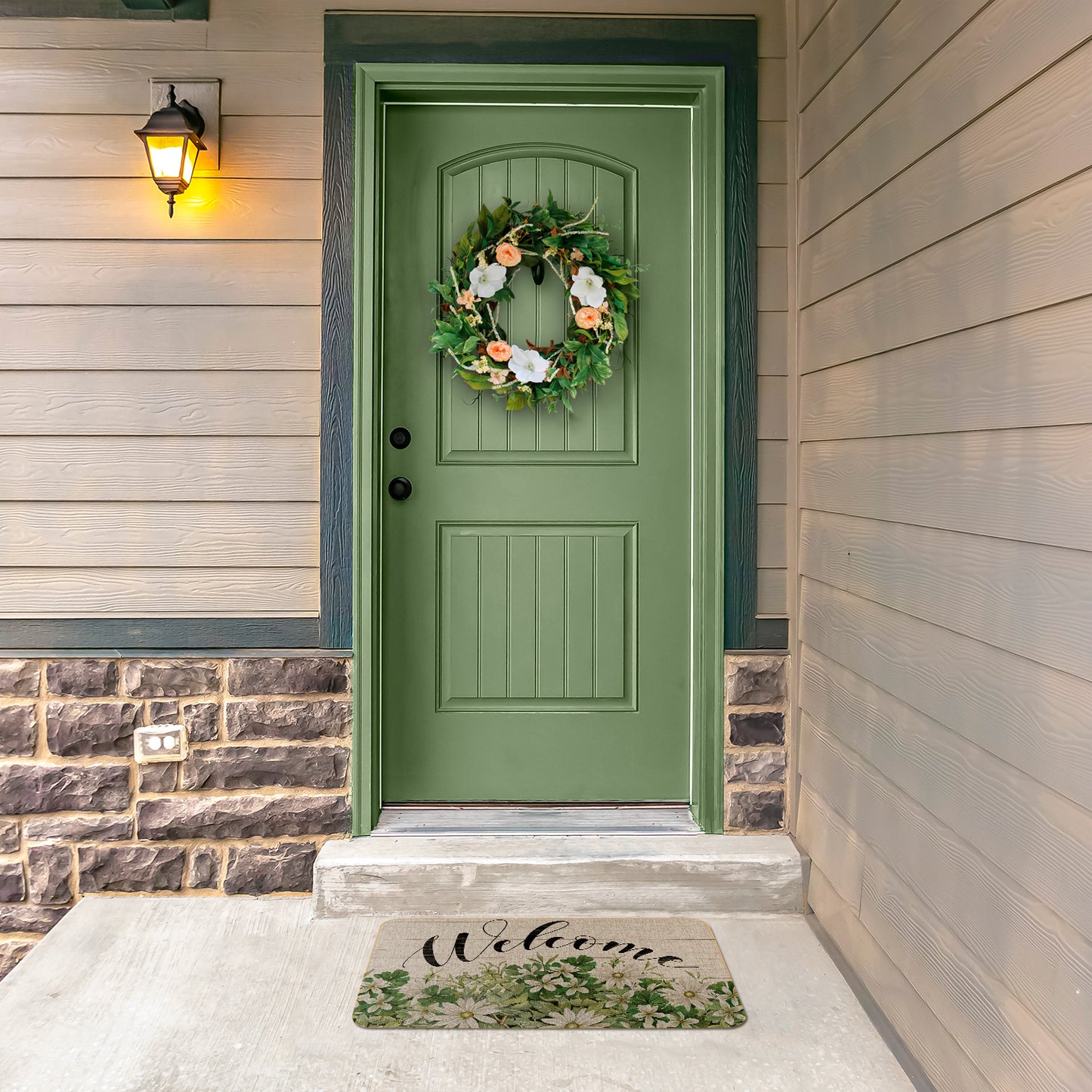 Counterart Farmhouse Welcome Indoor/Outdoor Natural Linen Look Floor Mat with Recycled Rubber Back Manufactured in The USA 29.5” x 17.75”