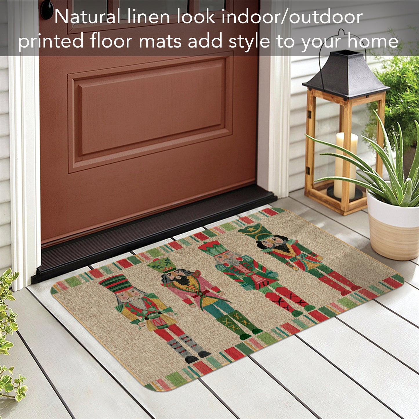 Counterart Nutcracker Holidays Indoor/Outdoor Natural Linen Look Floor Mat with Recycled Rubber Back Manufactured in The USA 29.5” x 17.75”