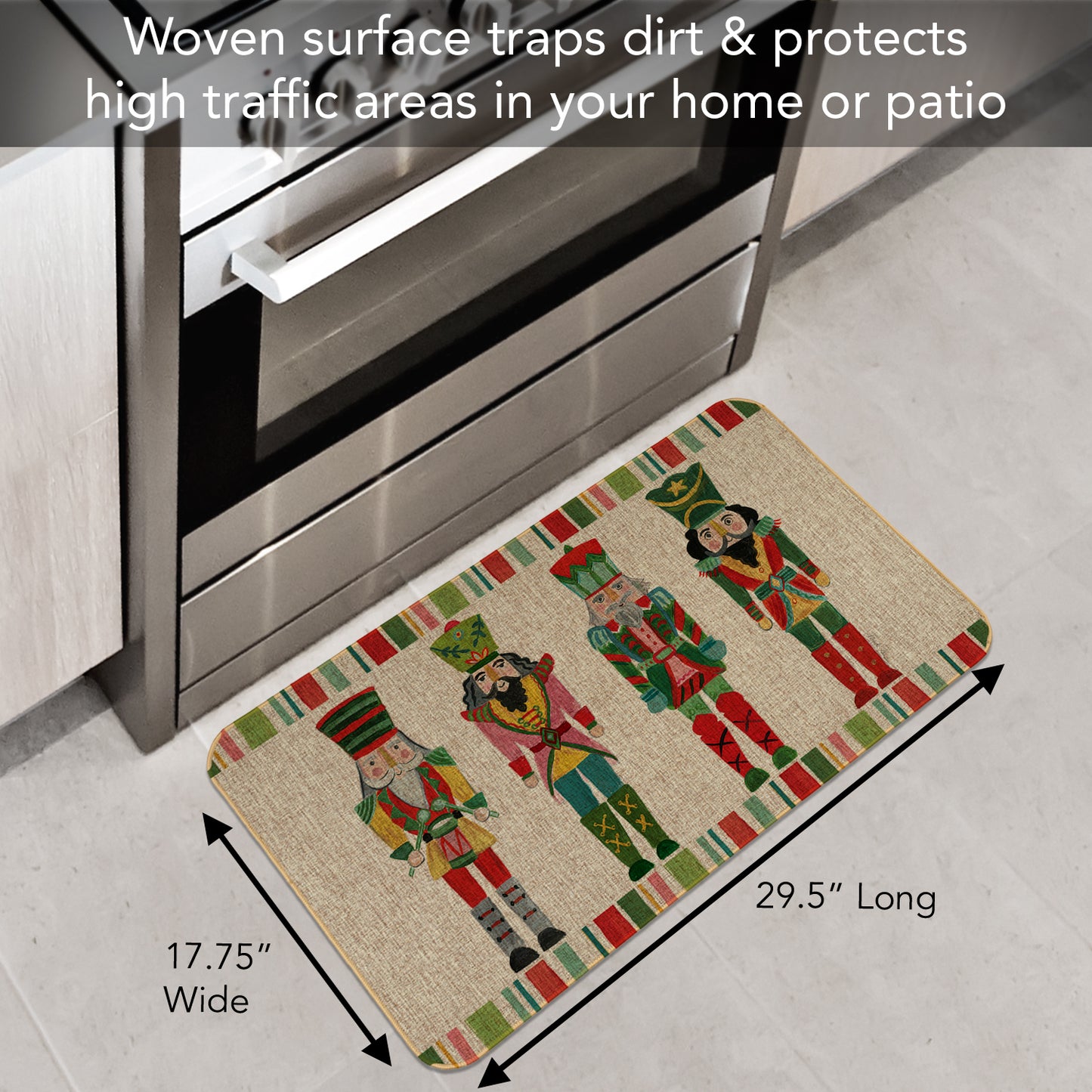 Counterart Nutcracker Holidays Indoor/Outdoor Natural Linen Look Floor Mat with Recycled Rubber Back Manufactured in The USA 29.5” x 17.75”