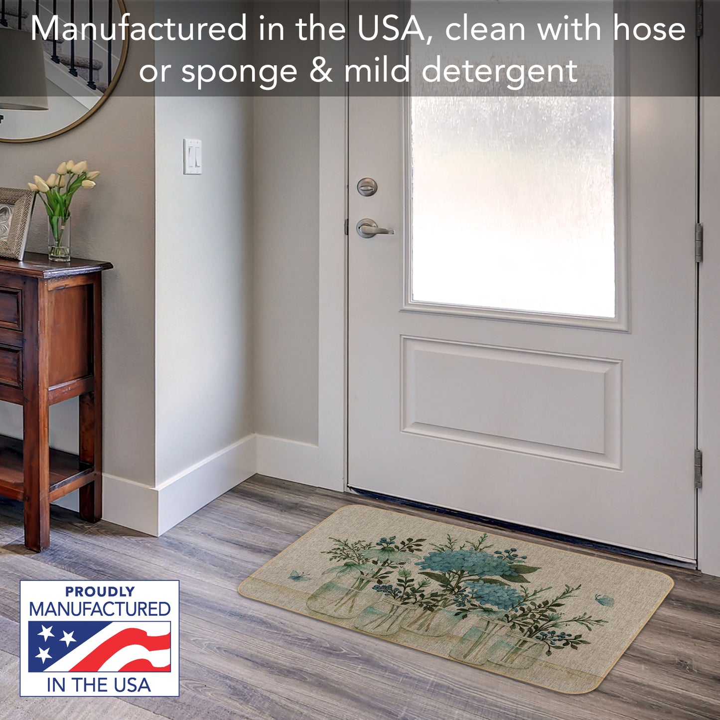 Highland Home Mason Jar Floral Indoor/Outdoor Natural Linen Look Floor Mat with Recycled Rubber Back Manufactured in The USA 29.5” x 17.75”