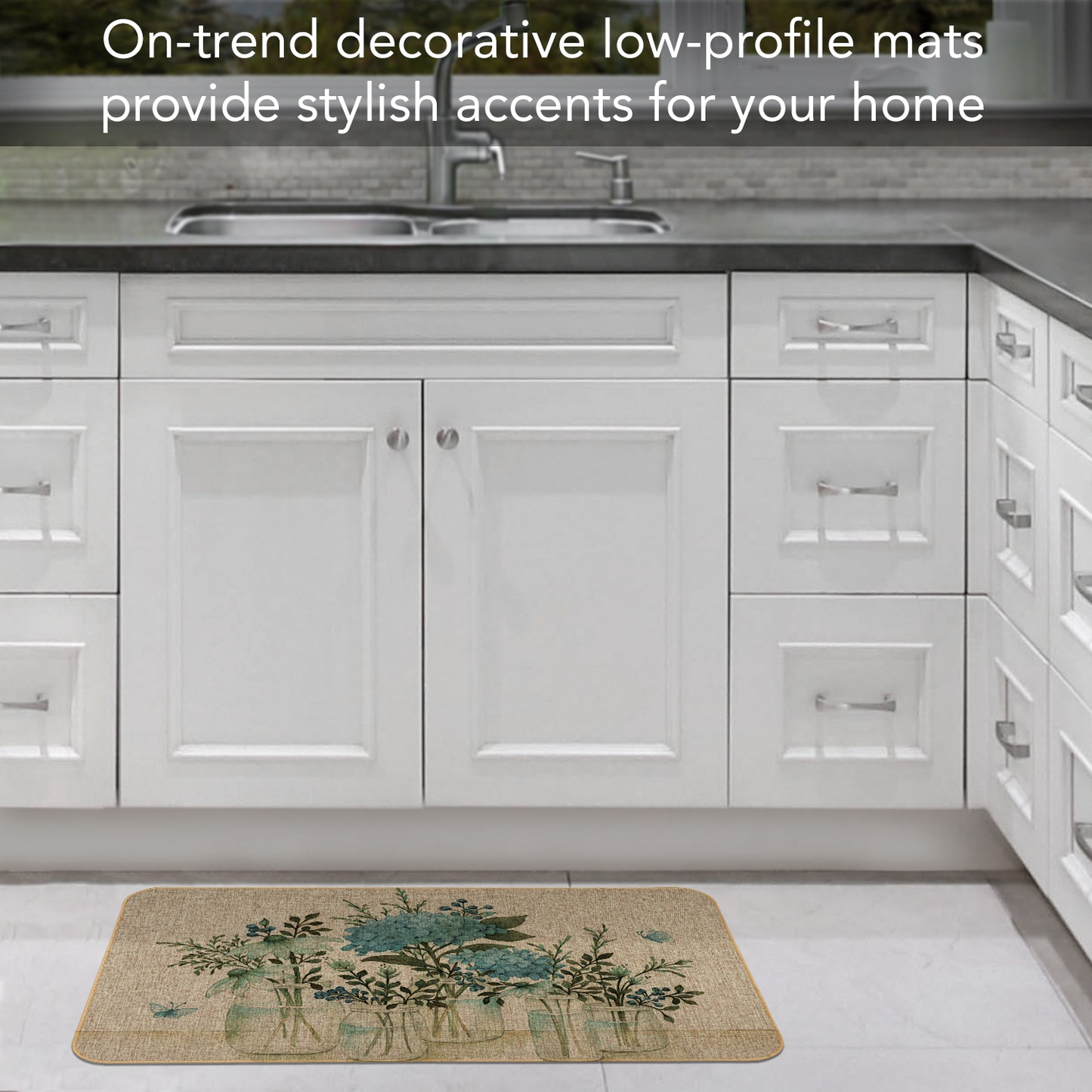 Highland Home Mason Jar Floral Indoor/Outdoor Natural Linen Look Floor Mat with Recycled Rubber Back Manufactured in The USA 29.5” x 17.75”