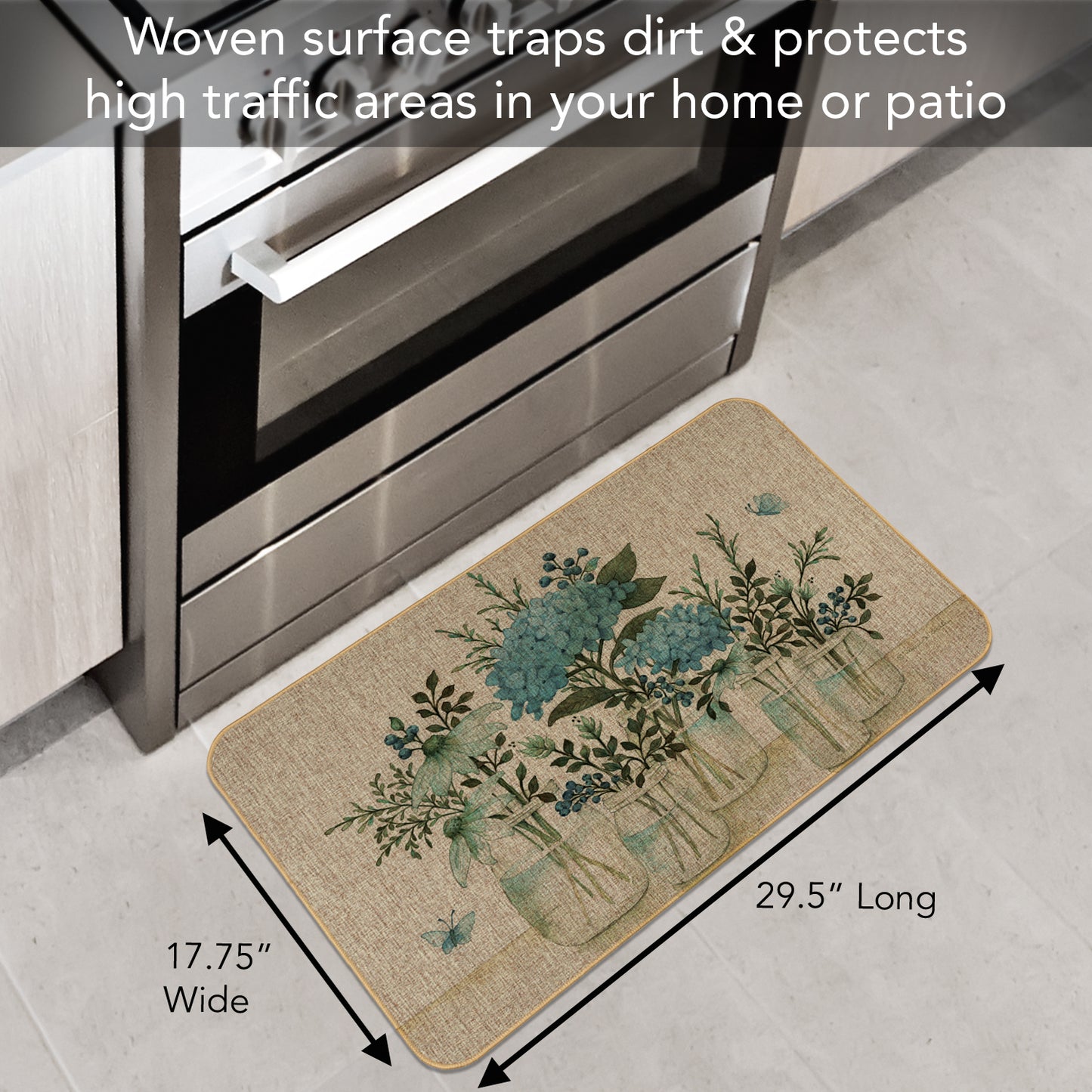Highland Home Mason Jar Floral Indoor/Outdoor Natural Linen Look Floor Mat with Recycled Rubber Back Manufactured in The USA 29.5” x 17.75”