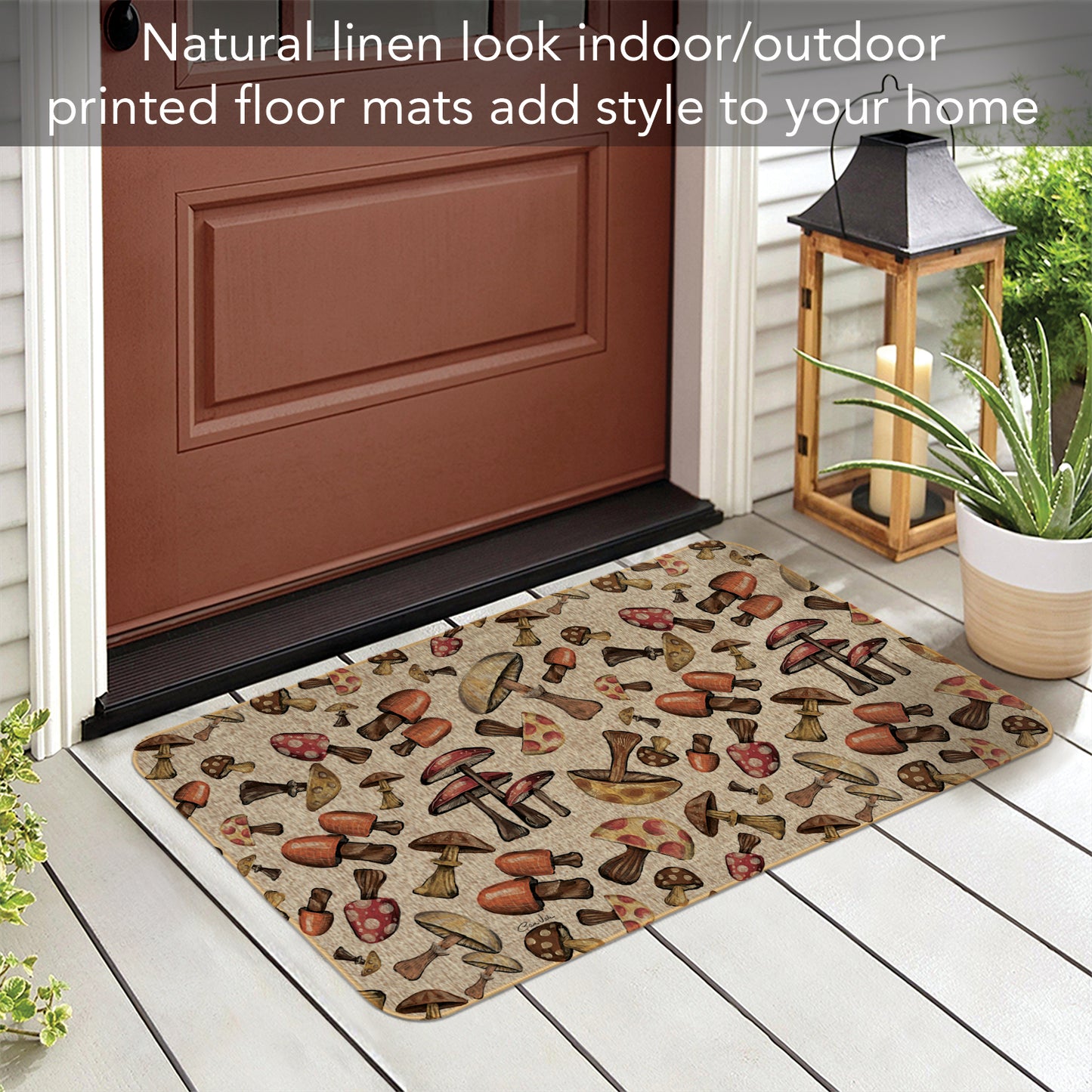 Highland Home Mushroom Harvest Indoor/Outdoor Natural Linen Look Floor Mat with Recycled Rubber Back Manufactured in The USA 29.5” x 17.75”