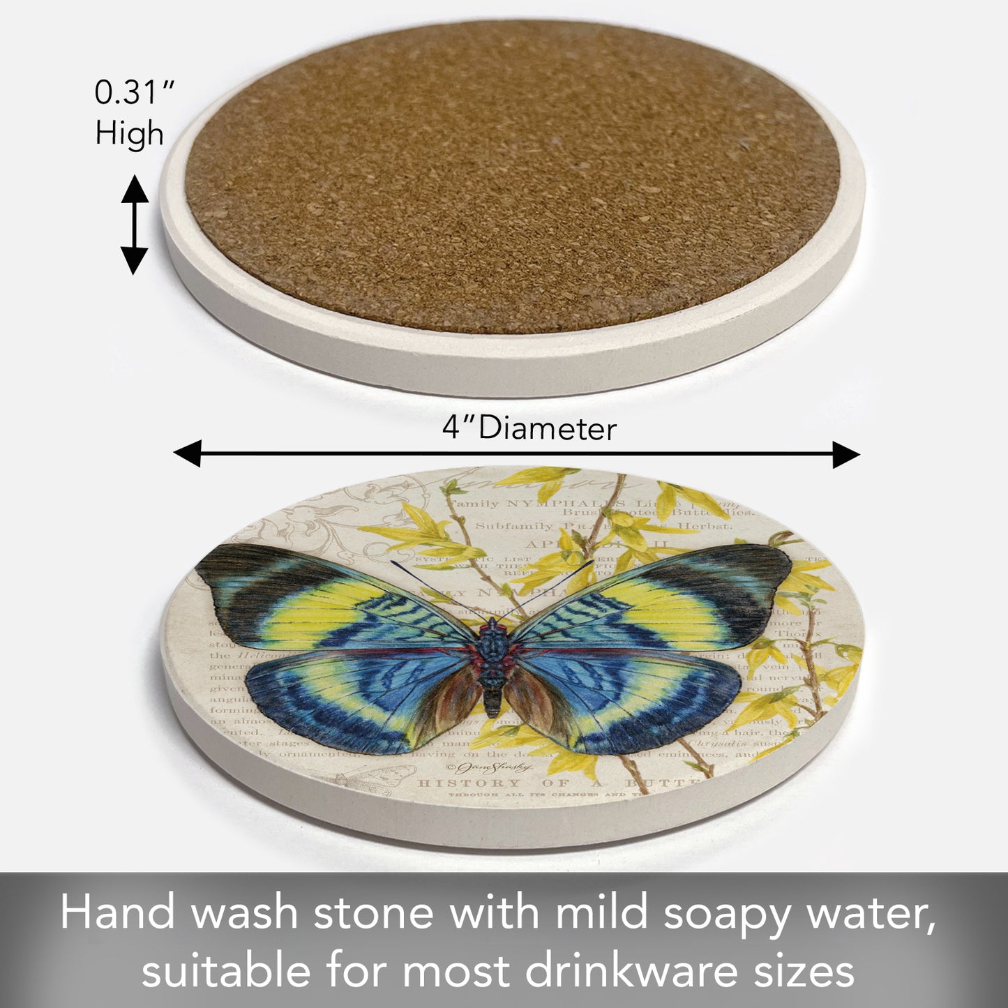 Thirstystone Flasher Butterfly Single Round Absorbent Stone Coaster with Protective Cork Backing Manufactured in The USA 4" Diameter