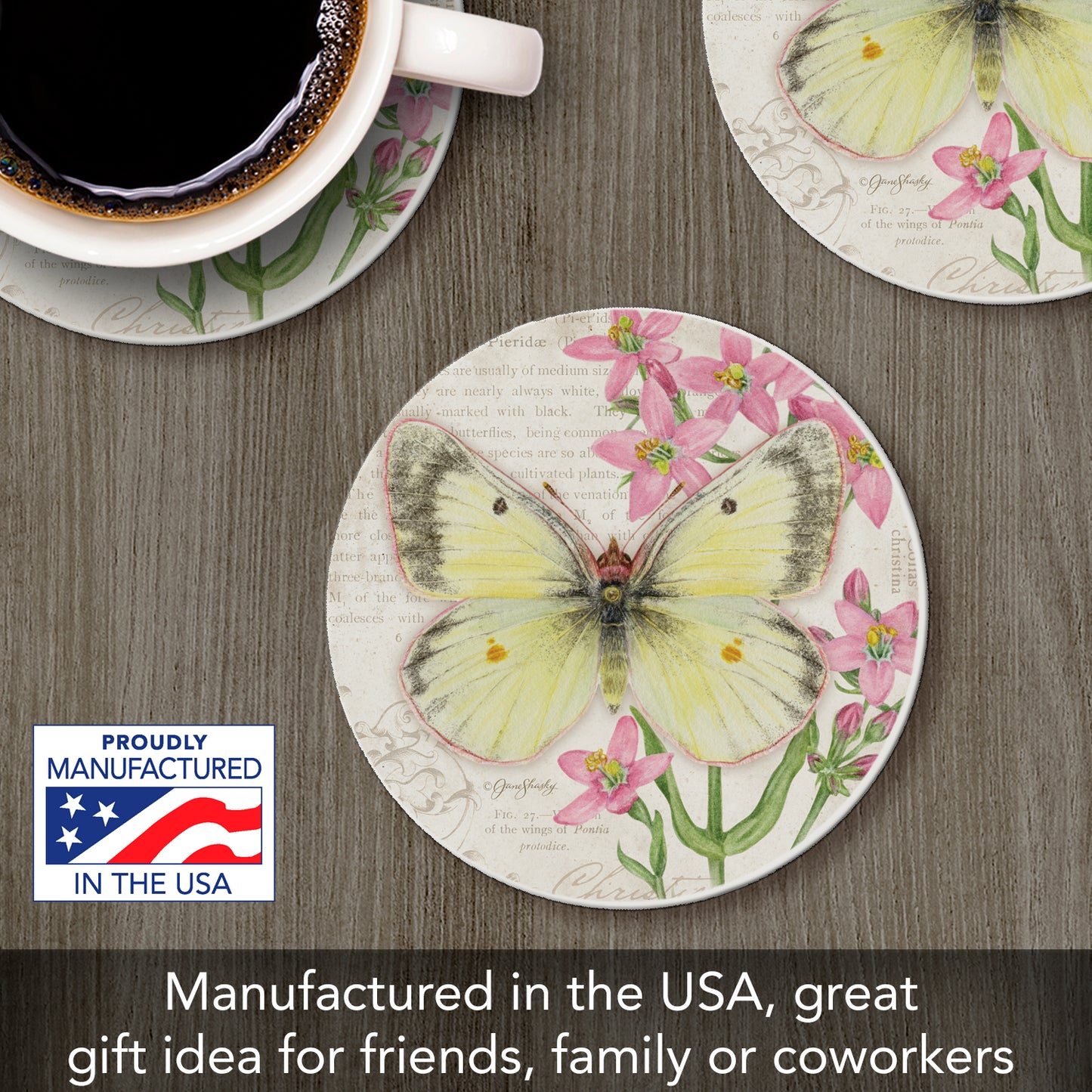 Thirstystone Christina Sulphur Butterfly Single Round Absorbent Stone Coaster with Protective Cork Backing Manufactured in The USA 4" Diameter