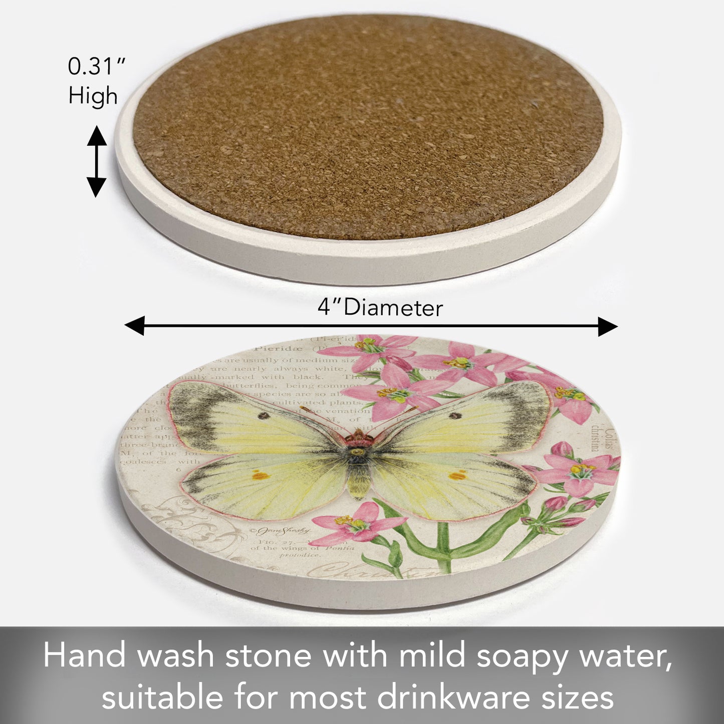 Thirstystone Christina Sulphur Butterfly Single Round Absorbent Stone Coaster with Protective Cork Backing Manufactured in The USA 4" Diameter