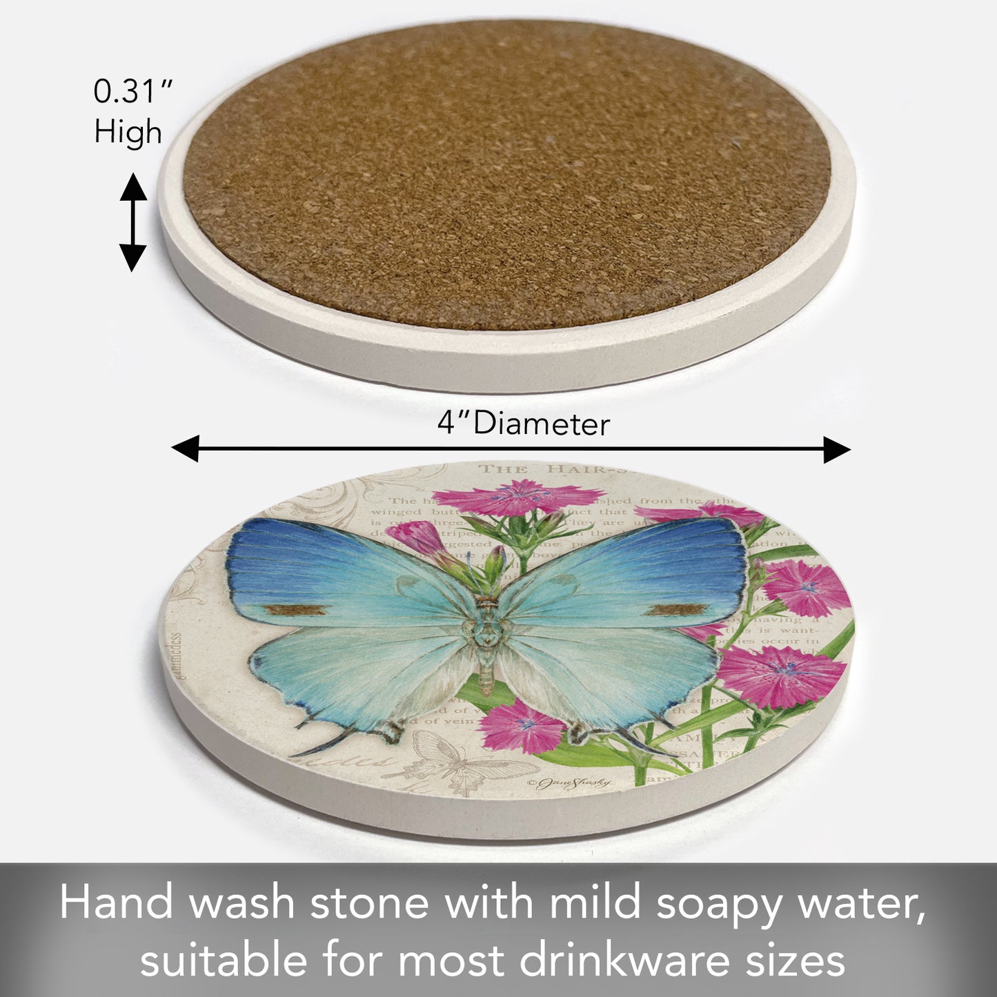 Thirstystone Hairstreak Butterfly Single Round Absorbent Stone Coaster with Protective Cork Backing Manufactured in The USA 4" Diameter