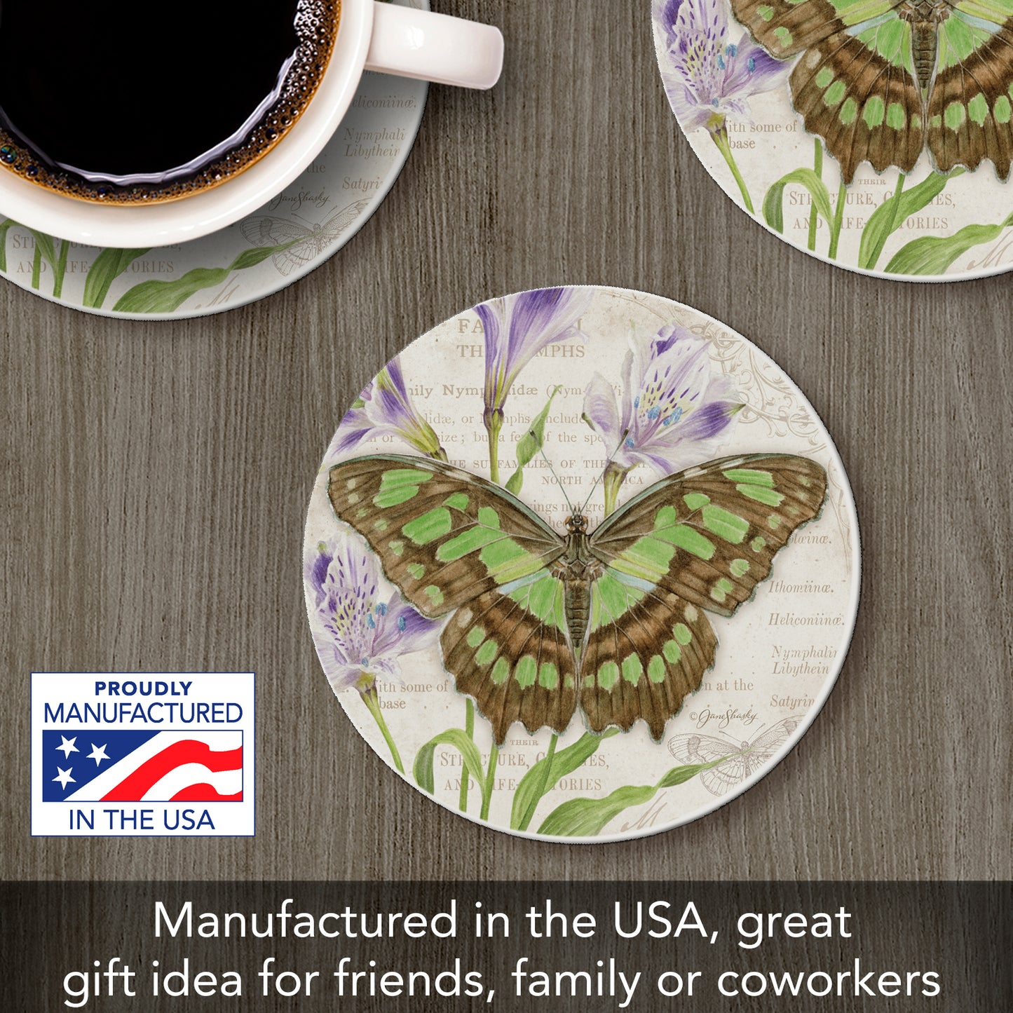 Thirstystone Malachite Butterfly Single Round Absorbent Stone Coaster with Protective Cork Backing Manufactured in The USA 4" Diameter
