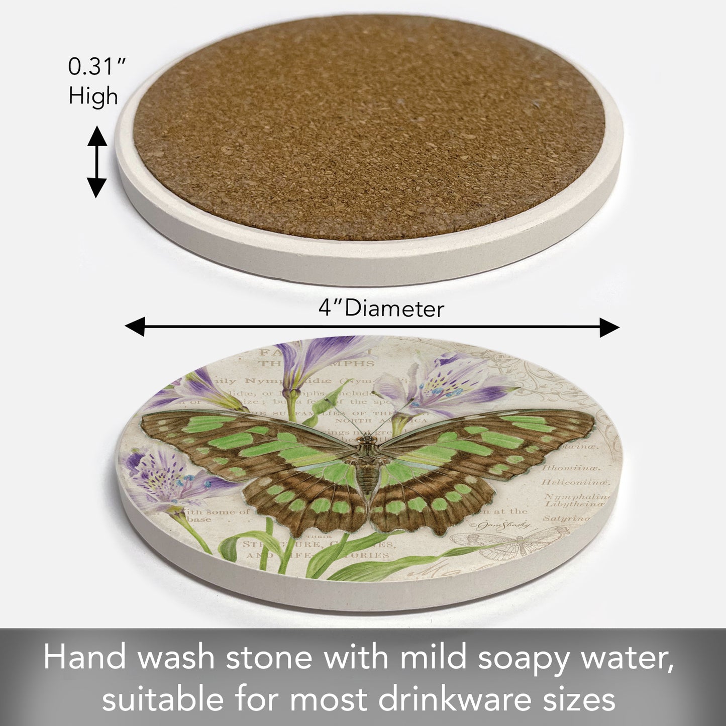 Thirstystone Malachite Butterfly Single Round Absorbent Stone Coaster with Protective Cork Backing Manufactured in The USA 4" Diameter