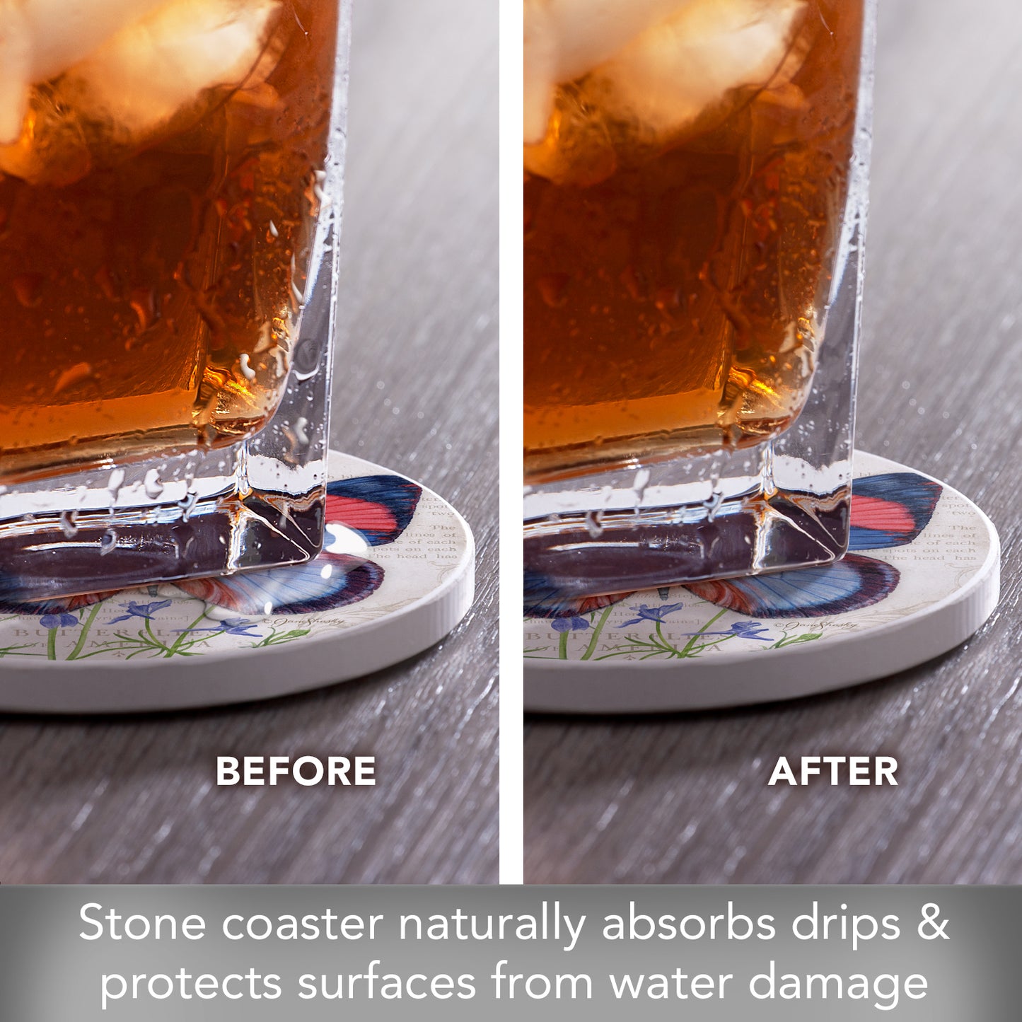 Thirstystone Painted Beauty Butterfly Single Round Absorbent Stone Coaster with Protective Cork Backing Manufactured in The USA 4" Diameter
