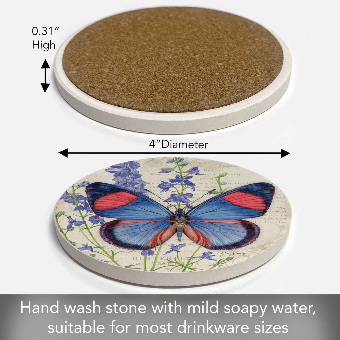 Thirstystone Painted Beauty Butterfly Single Round Absorbent Stone Coaster with Protective Cork Backing Manufactured in The USA 4" Diameter
