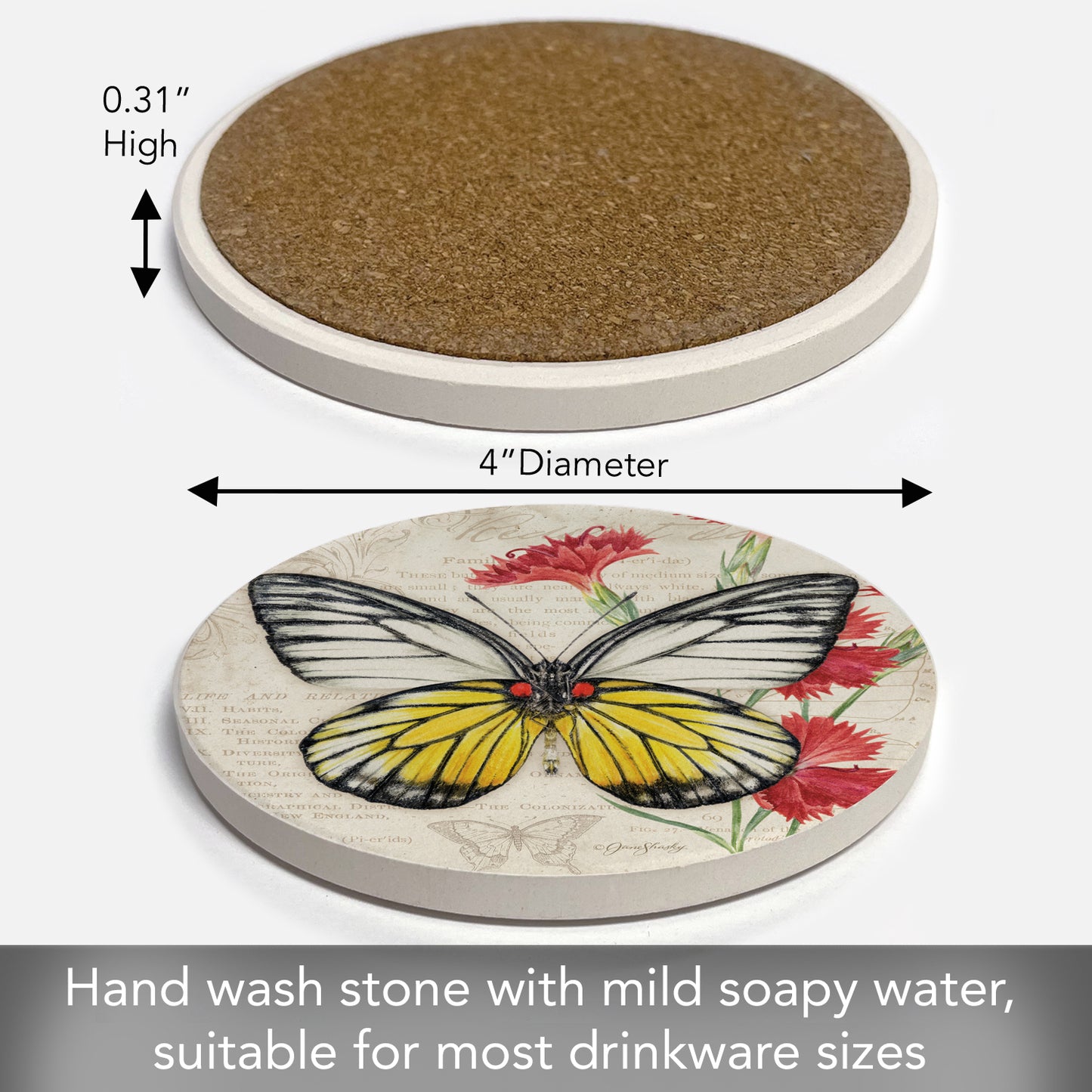 Thirstystone Sawtooth Butterfly Single Round Absorbent Stone Coaster with Protective Cork Backing Manufactured in The USA 4" Diameter