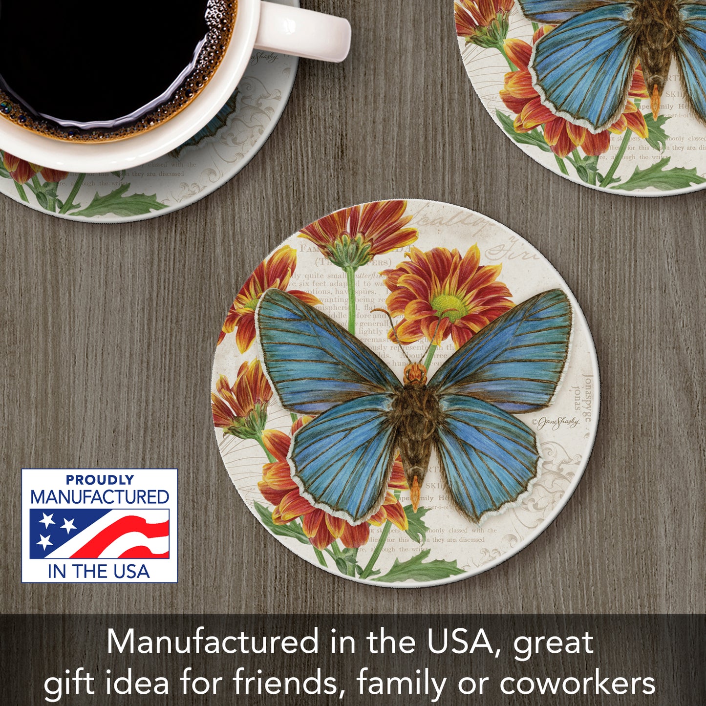 Thirstystone Scalloped Edge Firetip Butterfly Single Round Absorbent Stone Coaster with Protective Cork Backing Manufactured in The USA 4" Diameter