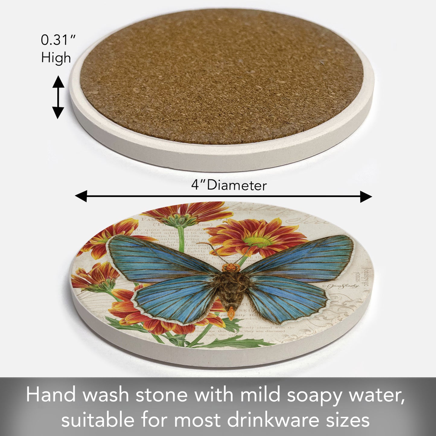 Thirstystone Scalloped Edge Firetip Butterfly Single Round Absorbent Stone Coaster with Protective Cork Backing Manufactured in The USA 4" Diameter
