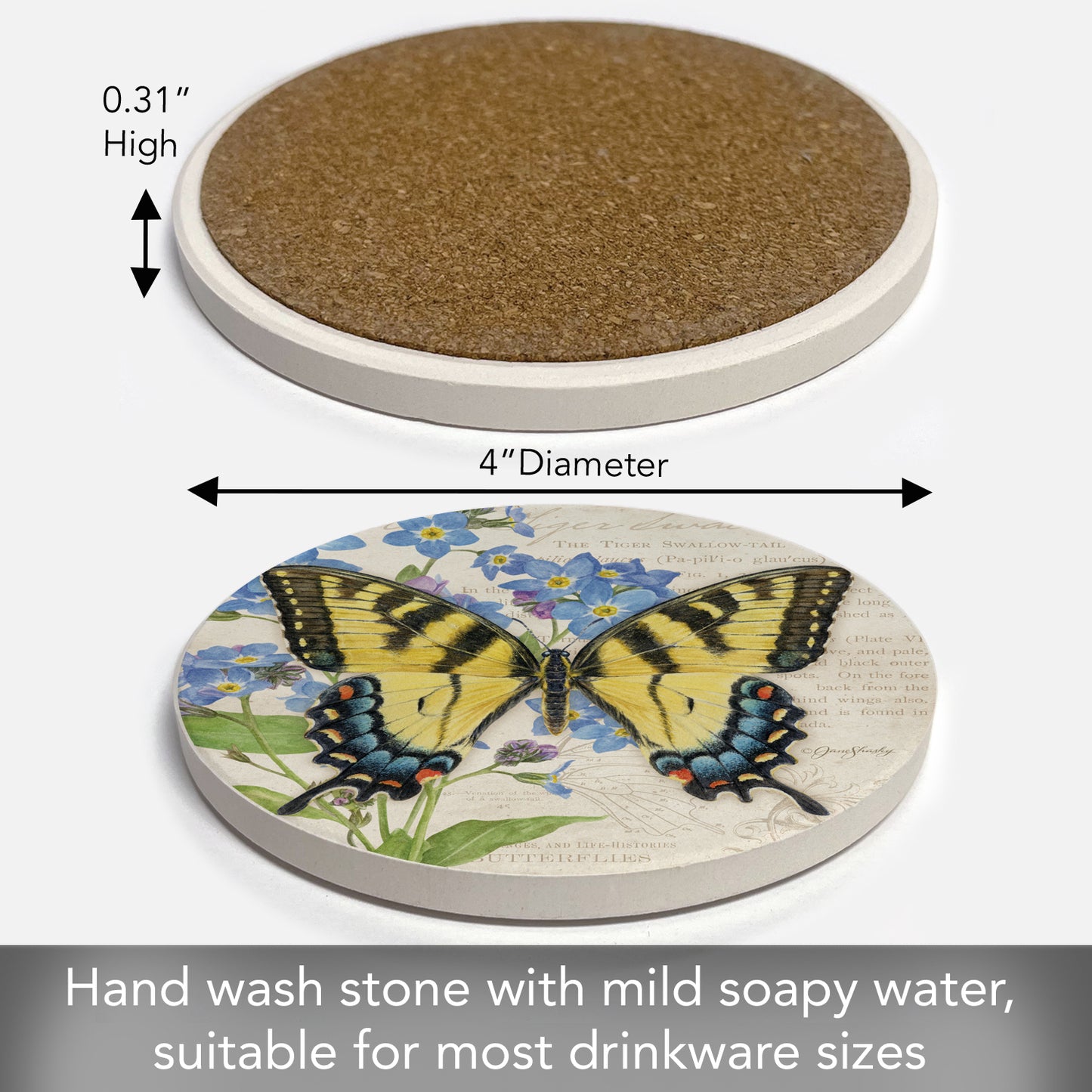 Thirstystone Tiger Swallowtail Butterfly Single Round Absorbent Stone Coaster with Protective Cork Backing Manufactured in The USA 4" Diameter