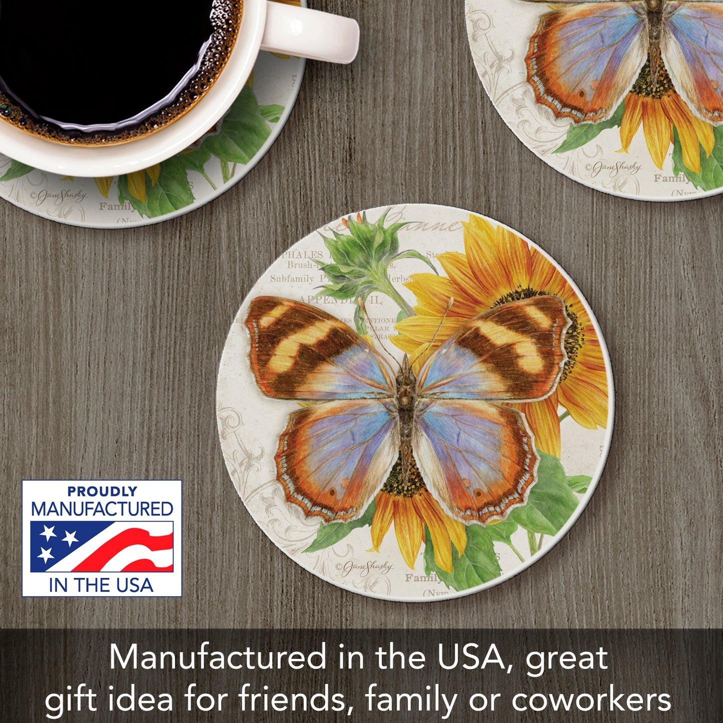 Thirstystone Variable Banner Butterfly Single Round Absorbent Stone Coaster with Protective Cork Backing Manufactured in The USA 4" Diameter