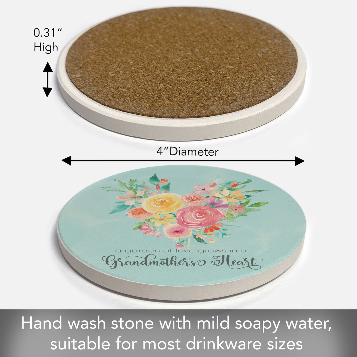Thirstystone Grandmother's Heart Single Rodund Absorbent Stone Coaster with Protective Cork Backing Manufactured in The USA 4" Diameter