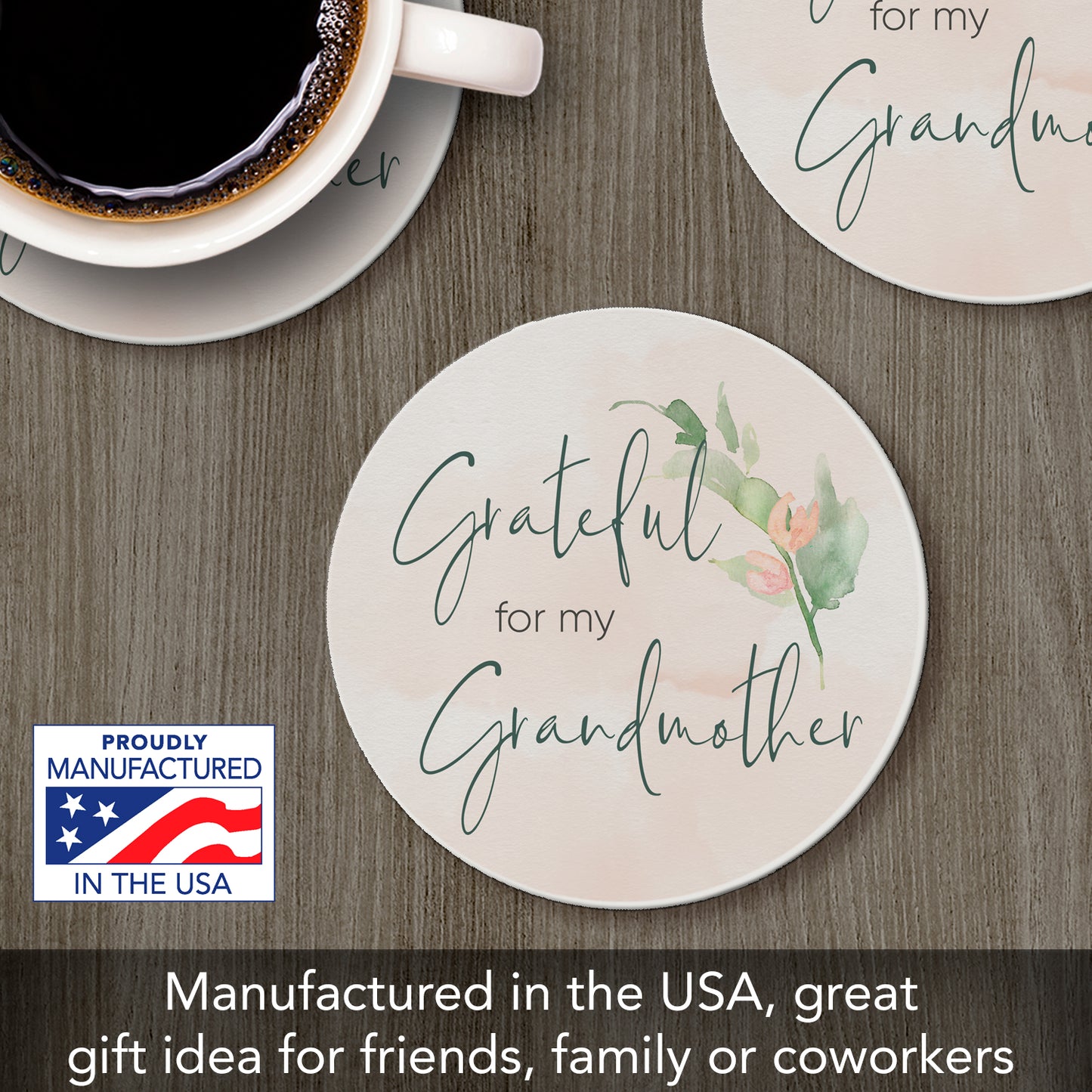 Thirstystone Grateful for Grandmother Single Round Absorbent Stone Coaster with Protective Cork Backing Manufactured in The USA 4" Diameter