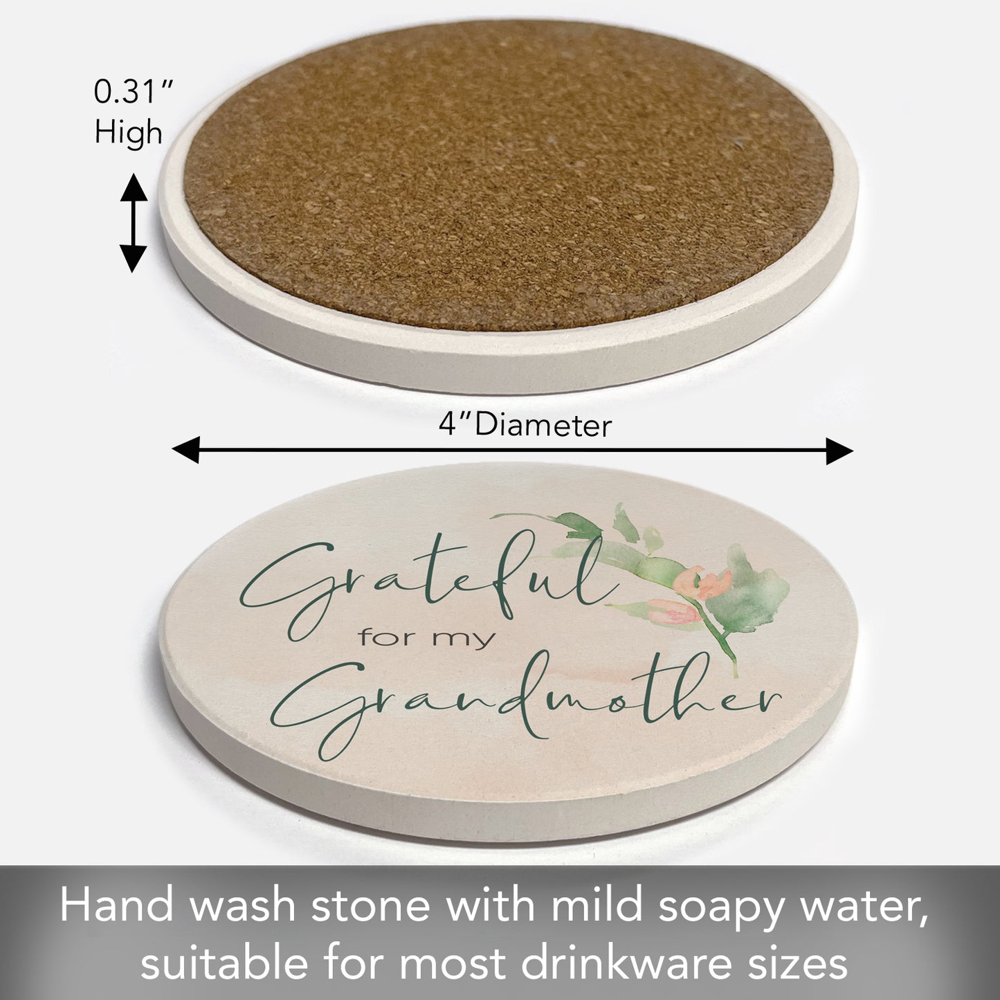 Thirstystone Grateful for Grandmother Single Round Absorbent Stone Coaster with Protective Cork Backing Manufactured in The USA 4" Diameter