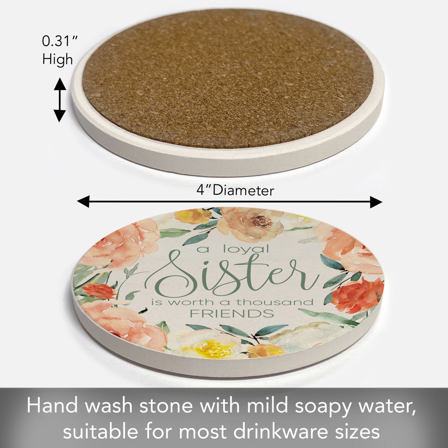 Thirstystone Loyal Sister Single Round Absorbent Stone Coaster with Protective Cork Backing Manufactured in The USA 4" Diameter
