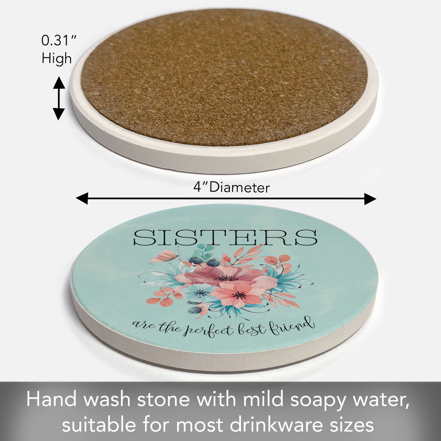 Thirstystone Sisters Best Friends Single Round Absorbent Stone Coaster with Protective Cork Backing Manufactured in The USA 4" Diameter