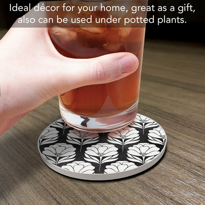Thirstystone Black & White Floral Single Round Absorbent Stone Coaster with Protective Cork Backing Manufactured in The USA 4" Diameter