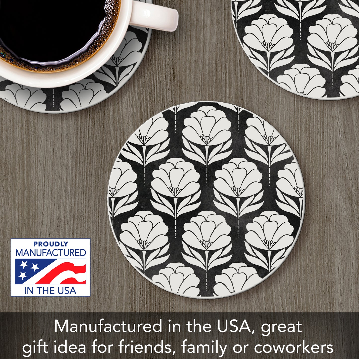Thirstystone Black & White Floral Single Round Absorbent Stone Coaster with Protective Cork Backing Manufactured in The USA 4" Diameter